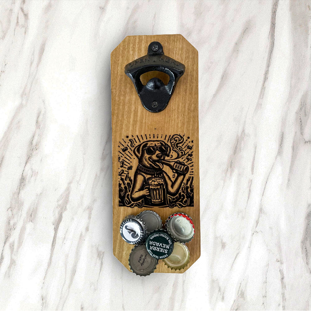 Wall Mounted Bottle Opener w/ Magnetic Cap Catcher - Party Dog