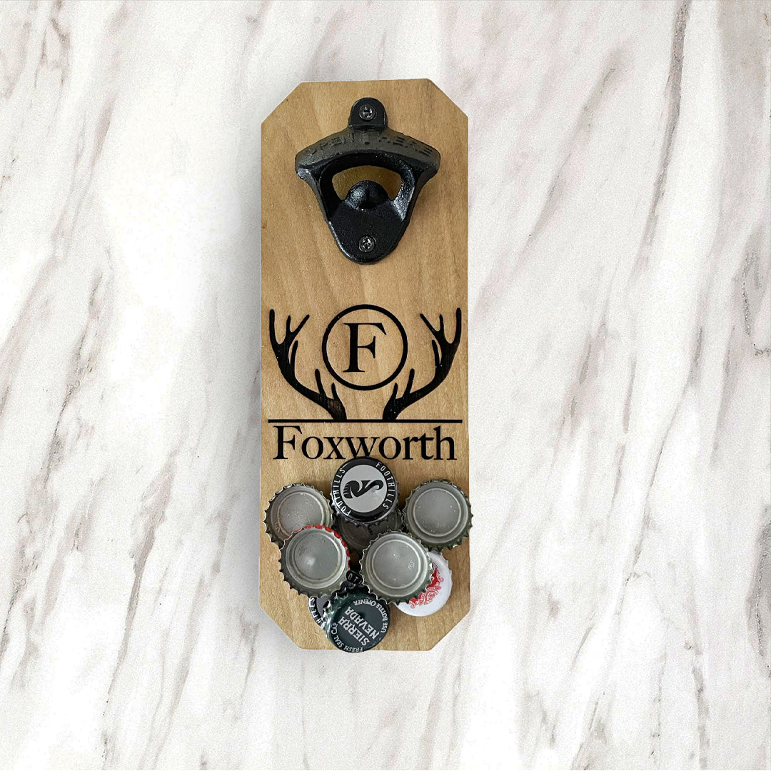 Wall Mounted Bottle Opener - Magnetic Cap Catcher - Personalized Monogram