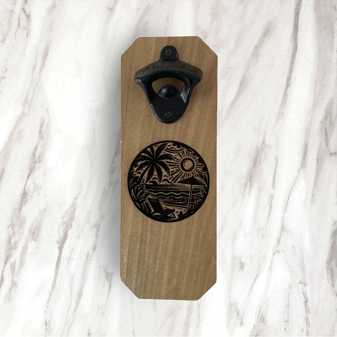Wall Mounted Bottle Opener w/ Magnetic Cap Catcher - Ocean Scene - Beach House Decoration