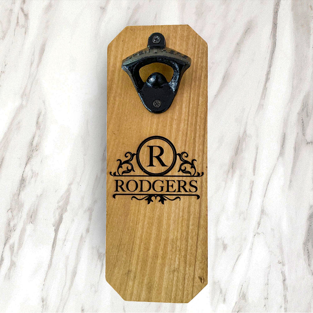 Wall Mounted Bottle Opener - Magnetic Cap Catcher - Personalized Monogram