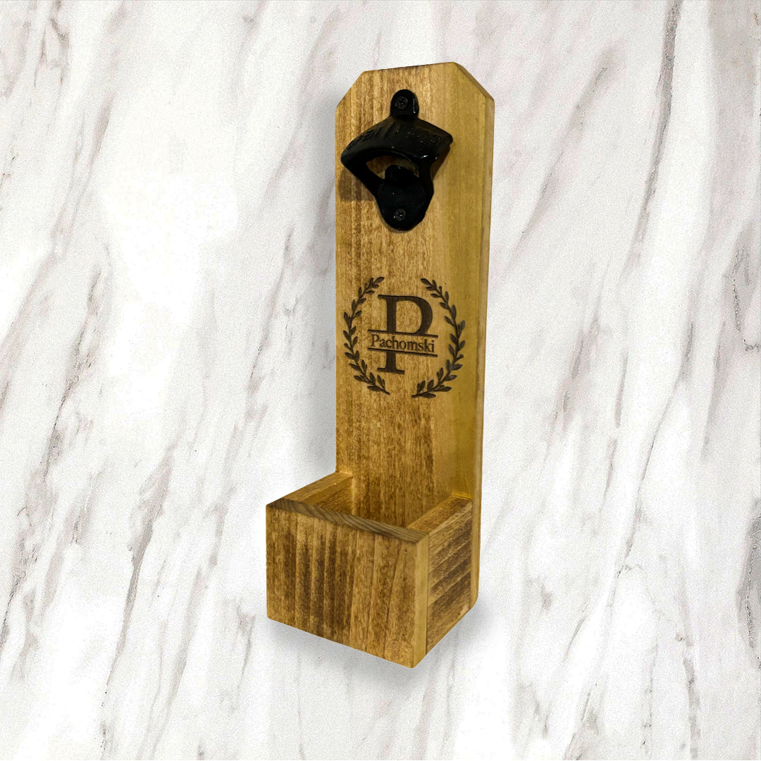 Wall Mounted Bottle Opener w/ Cap Catcher - Personalized Monogram
