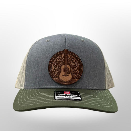 Acoustic Guitar Leather Patch Hat – Richardson 112 Trucker Hat, Music Festival Hat, Guitar Player Gift, Gift for Him, Christmas Gift