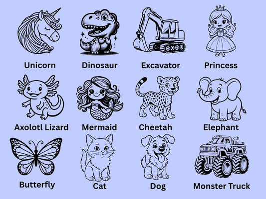 Choose the image to be engraved onto your personalized kids water bottle. Images include a unicorn, dinosaur, excavator, princess, lizard, mermaid, cheetah, elephant, butterfly, cat, dog, and monster truck