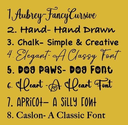 A list of different fonts that you can use for your kids name engraving onto the frostbuddy insulated kids cup