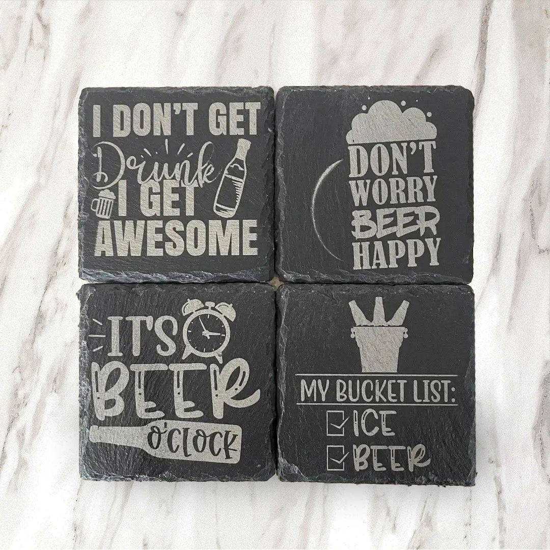 Slate Coaster - Funny Beer Sayings - Set of 4 w/ Holder