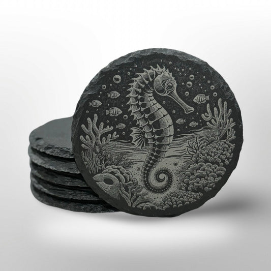 Ocean Animal Slate Coaster Set – Seahorse, Sea Turtle, Angelfish & Starfish | Beach House Decor, Fishing Gift, Housewarming Gift, Birthday o
