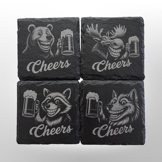 Funny Slate Coaster Set - Animal Cheers! - Bar Decoration - Set of 4 w/ Holder
