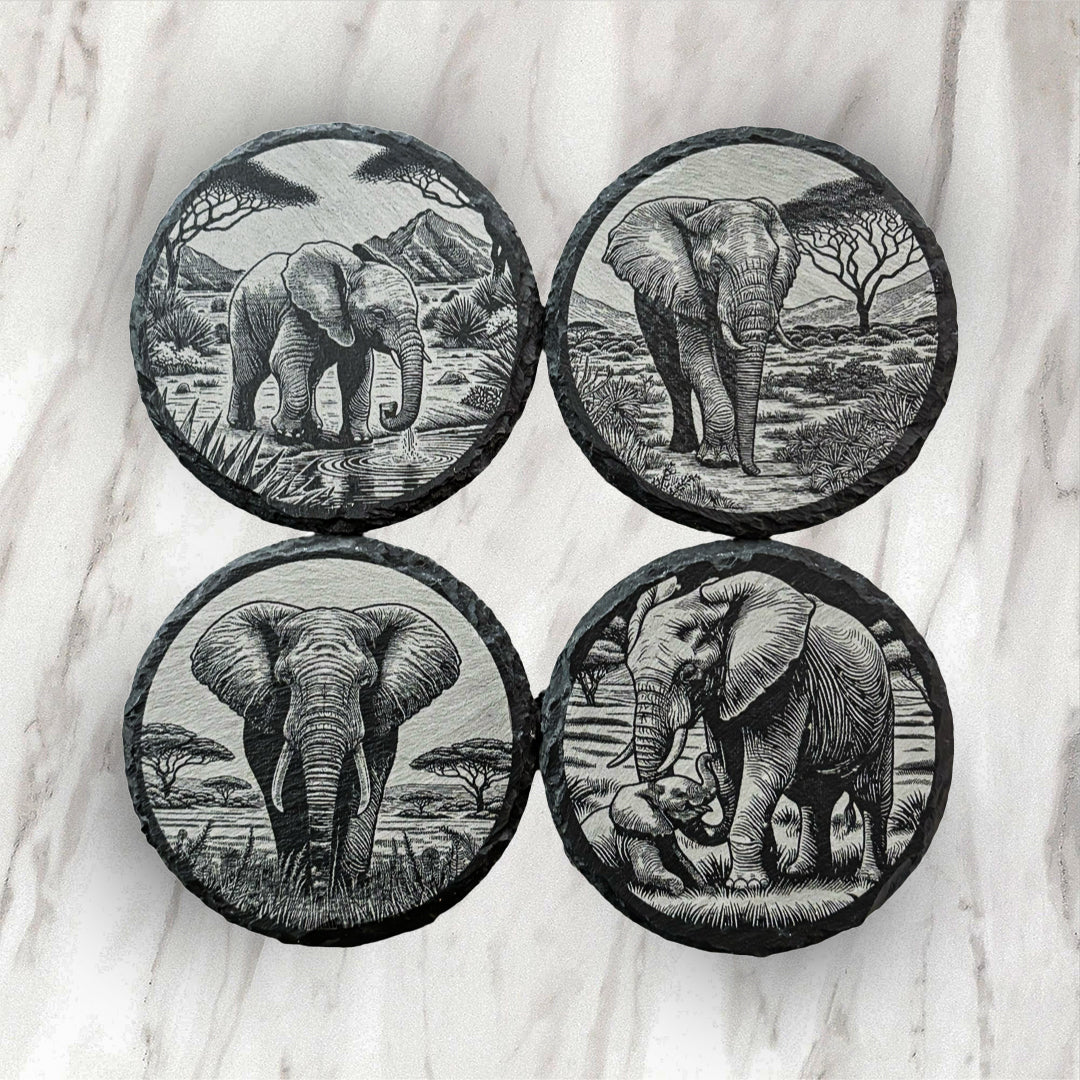 Slate Coasters - Elephant Collection - Set of 4 w/ Holder