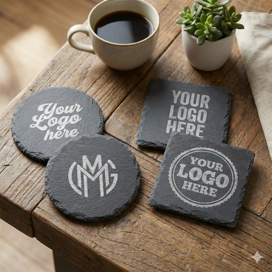 Slate Coasters that are square and circular featuring custom logos engraved onto the surface