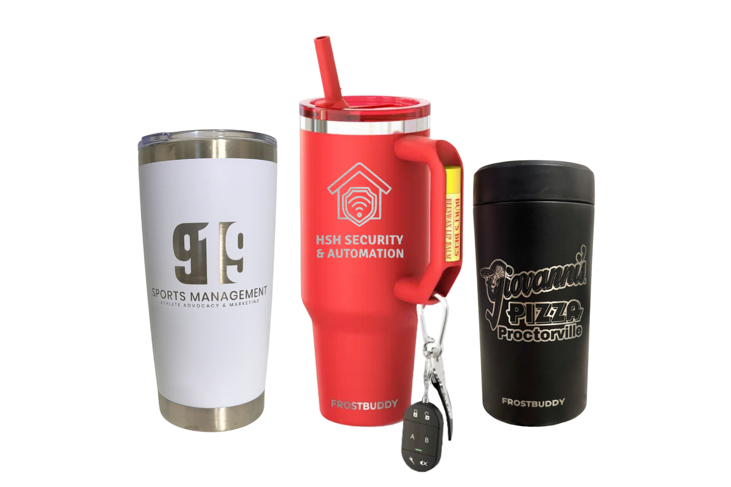 Stainless Steel Tumblers featuring custom designed logos laser engraved onto them. A 20oz cup, a frostubddy 40oz, and a frostbuddy universal can cooler