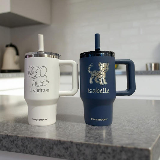 2 frostbuddy insulated stainless steel tumblers that has a leak proof folding straw lid. Perfect for kids to use for a school cup or every day cup