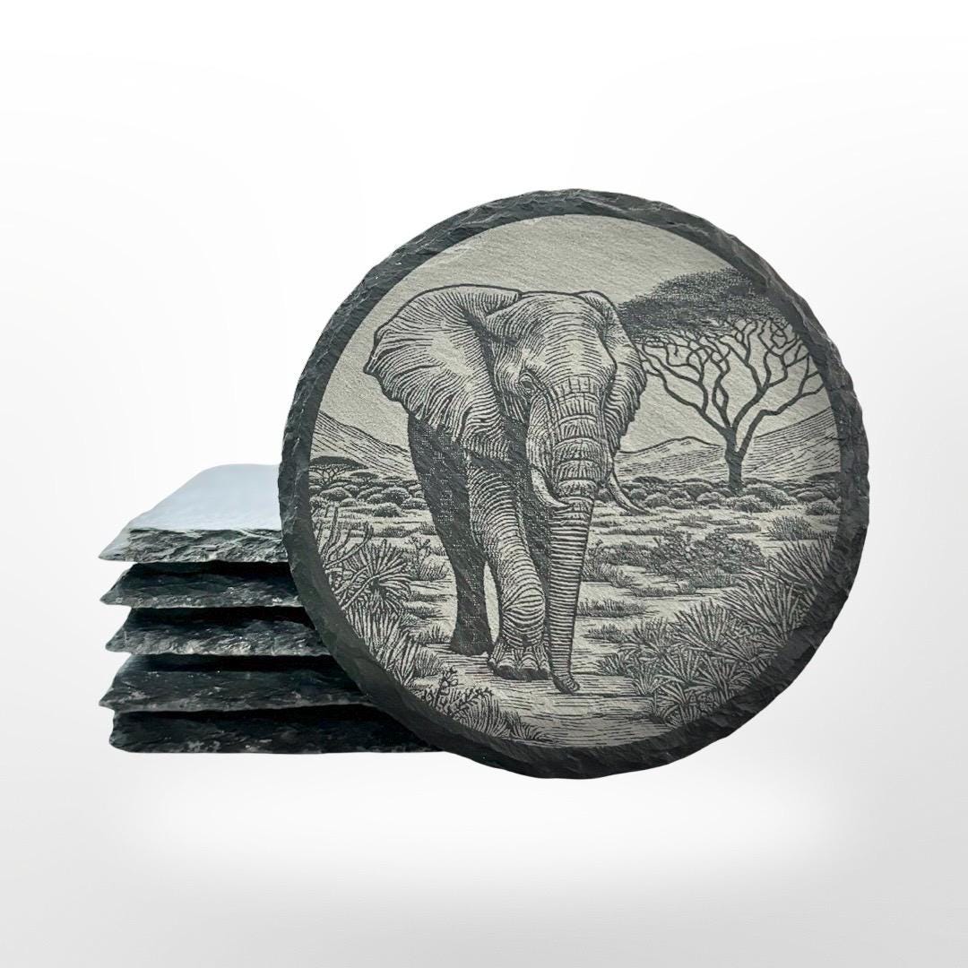 Elephant Slate Coaster Set w/ Holder, Custom Elephant Art, Classy Decor, Housewarming Gift, Birthday or Christmas Gift, Kitchen Decoration
