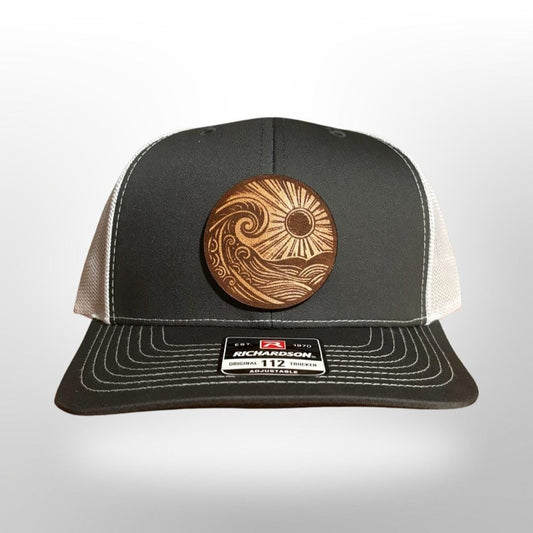 Beach Wave and Sun Leather Patch Hat – Richardson 112 Trucker Hat, perfect beach hat or fishing gift for men & women