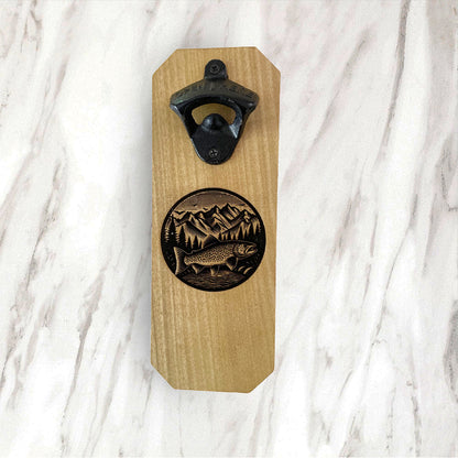 Wall Mounted Bottle Opener w/ Magnetic Cap Catcher - Mountain Trout