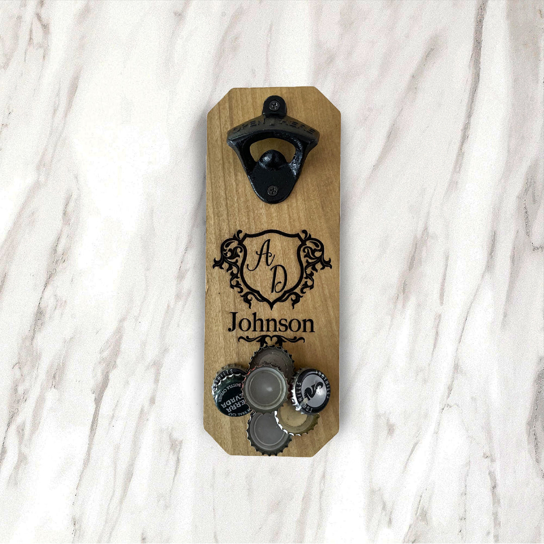 Wall Mounted Bottle Opener - Magnetic Cap Catcher - Personalized Monogram
