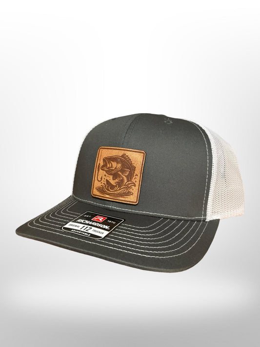 Bass Fish Leather Patch Hat – Richardson 112 Trucker Hat, Camo Fishing Hat, Custom Baseball Cap, Gift for Dad or Husband, Christmas Gift