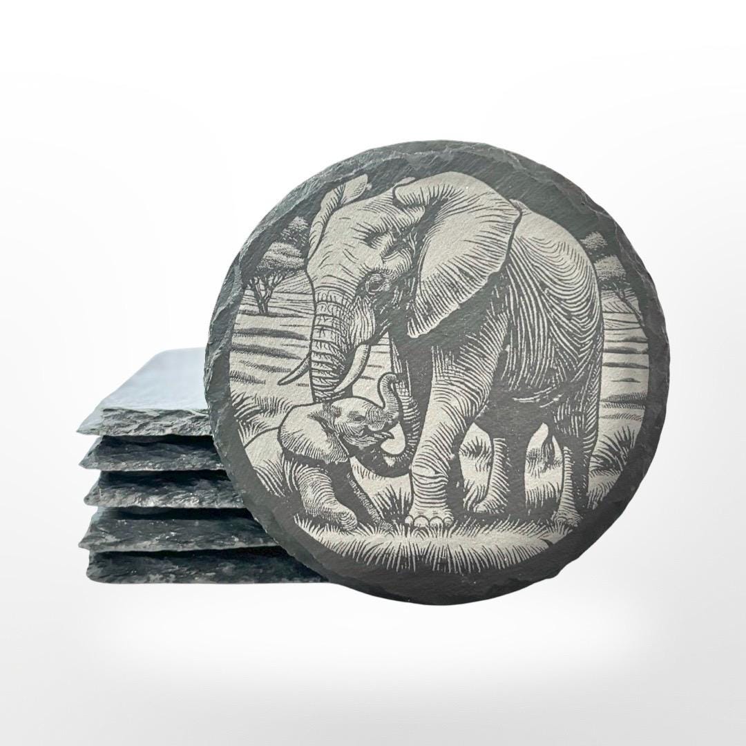 Elephant Slate Coaster Set w/ Holder, Custom Elephant Art, Classy Decor, Housewarming Gift, Birthday or Christmas Gift, Kitchen Decoration