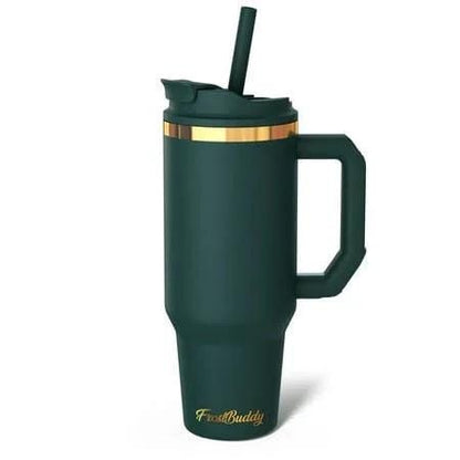 Emerald and Gold Frost Buddy 40 ounce Tumbler with Key Holder and Chap Stick holder. It has a Flip Top Straw that is leak proof
