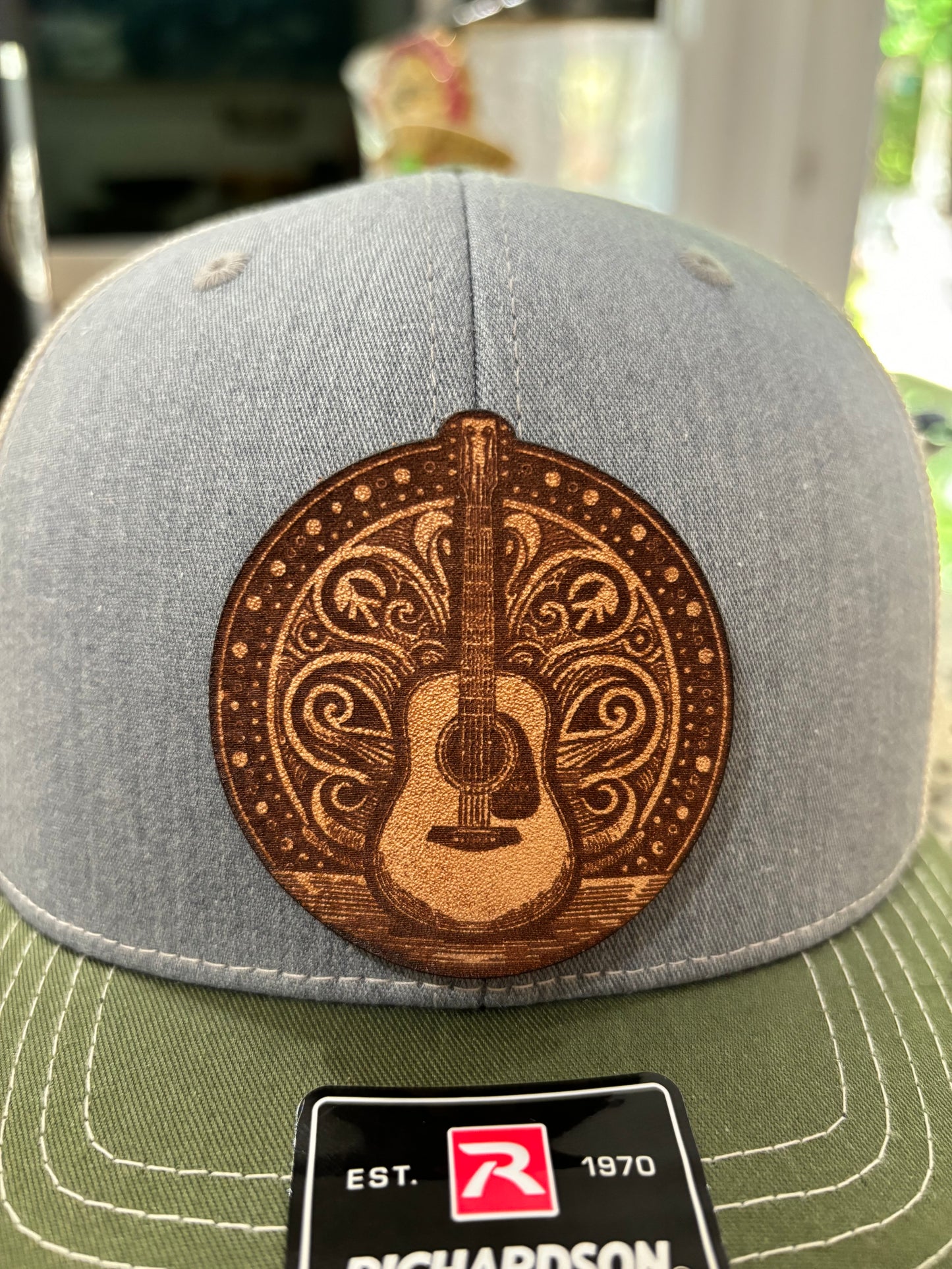 Leather Patch Hat - Acoustic Guitar - Trucker Hat - Richardson 112