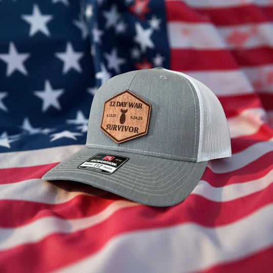 Leather Patch Hat - 12 Day War Survivor - Trucker Hat - Richardson 112 - USA - 4th of July