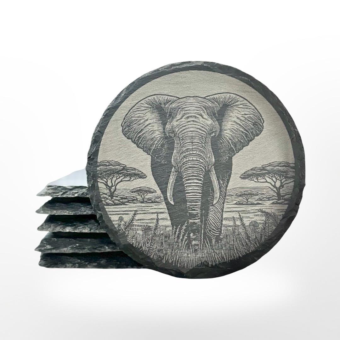 Elephant Slate Coaster Set w/ Holder, Custom Elephant Art, Classy Decor, Housewarming Gift, Birthday or Christmas Gift, Kitchen Decoration