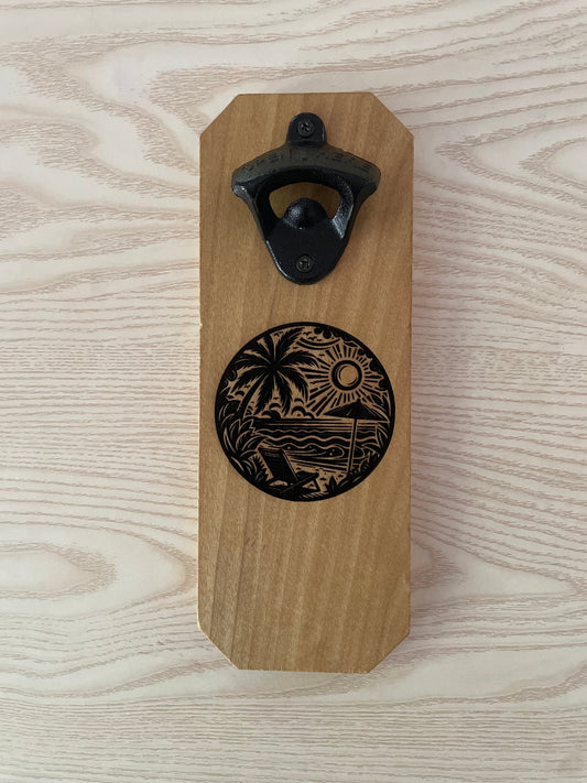 Wall Mounted Bottle Opener w/ Magnetic Cap Catcher - Ocean Scene - Beach House Decoration