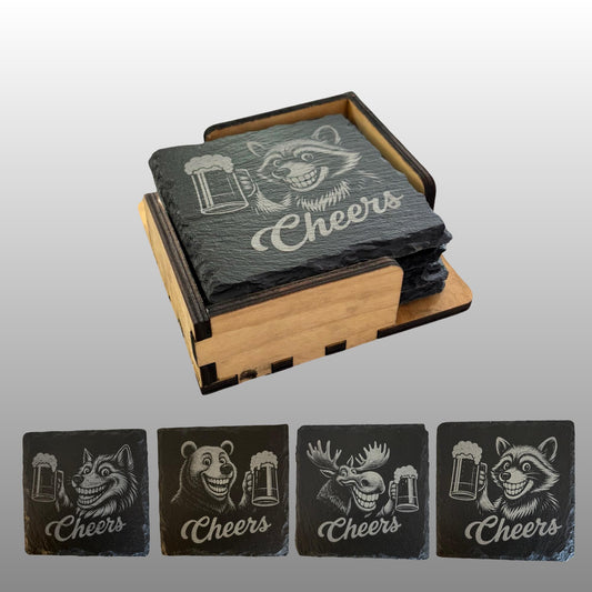Funny Slate Coaster Set - Animal Cheers! - Bar Decoration - Set of 4 w/ Holder