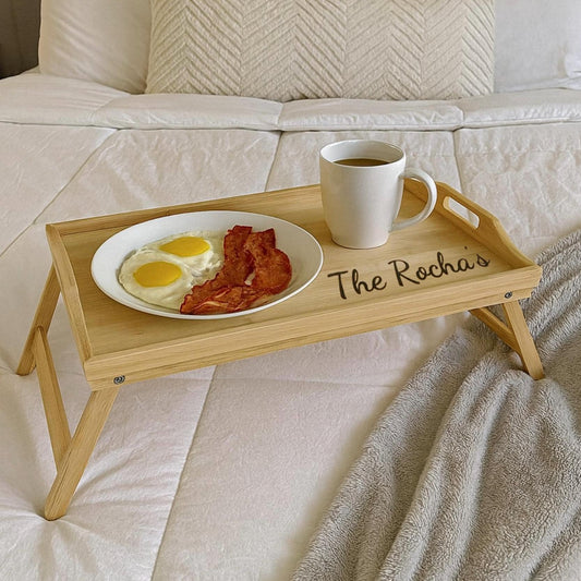 Custom Engraved Serving Tray w/ Foldable Leg - Personalized Name Engraving - Breakfast in Bed Tray - Home Decor - 100% Bamboo