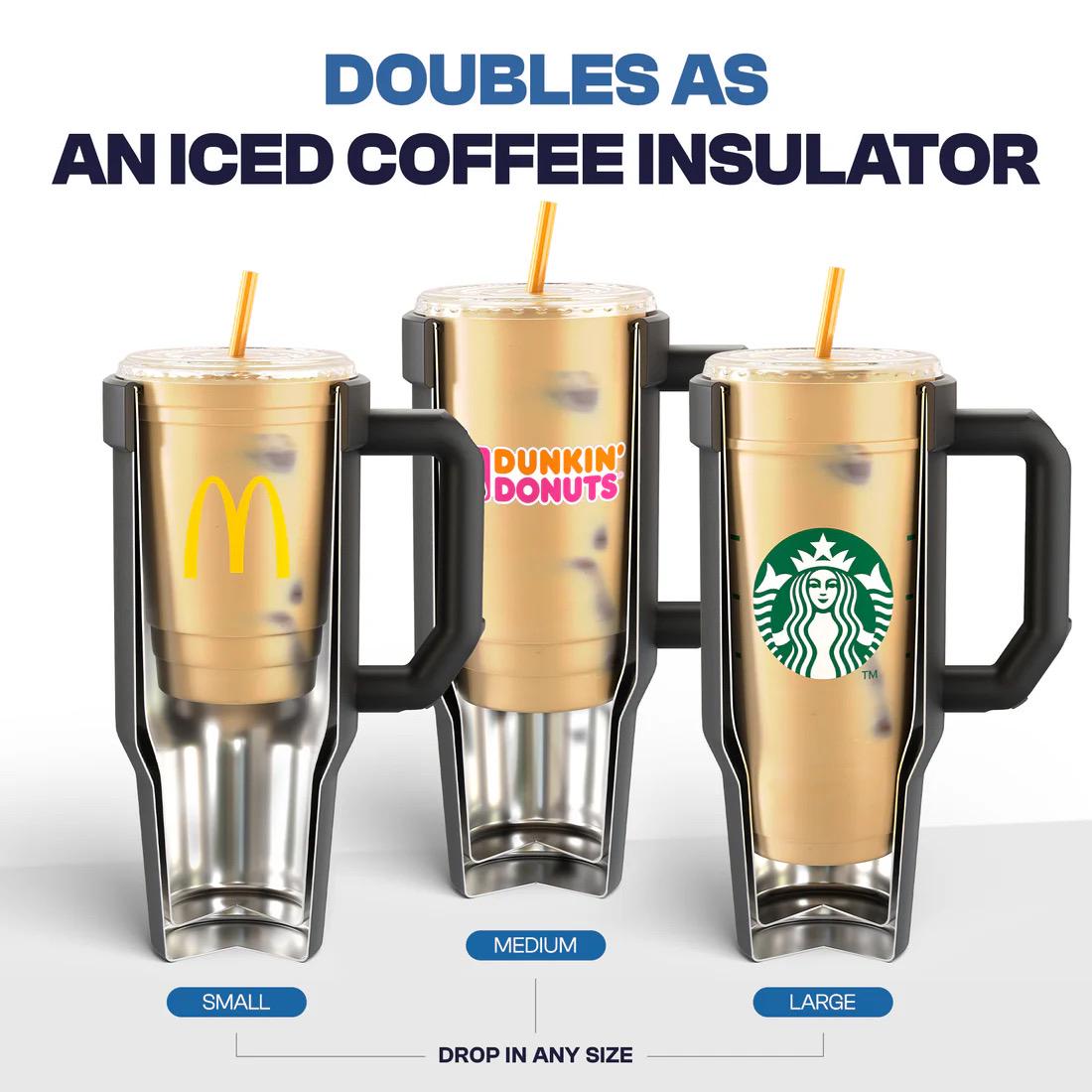 Three insulated drink holders with McDonald's, Dunkin' Donuts, and Starbucks logos on a white background.
