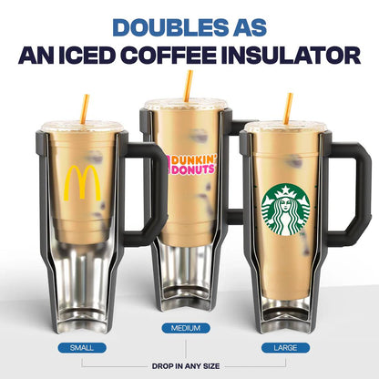 Three insulated drink holders with McDonald's, Dunkin' Donuts, and Starbucks logos on a white background.