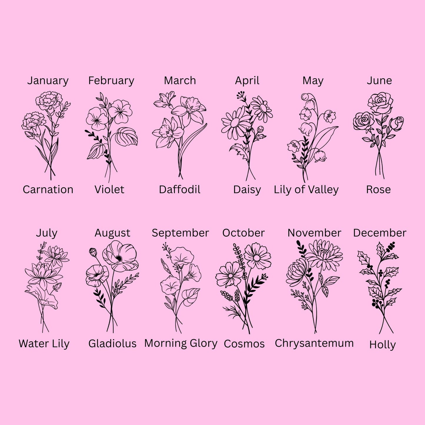 Illustrations of flowers corresponding to each month on a pink background. You can get the flower and name engraved onto the tumbler.