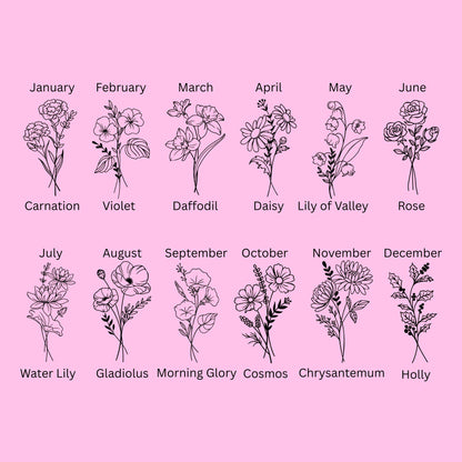 Illustrations of flowers corresponding to each month on a pink background. You can get the flower and name engraved onto the tumbler.