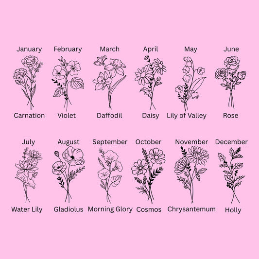 Illustrations of flowers corresponding to each month on a pink background. You can get the flower and name engraved onto the tumbler.