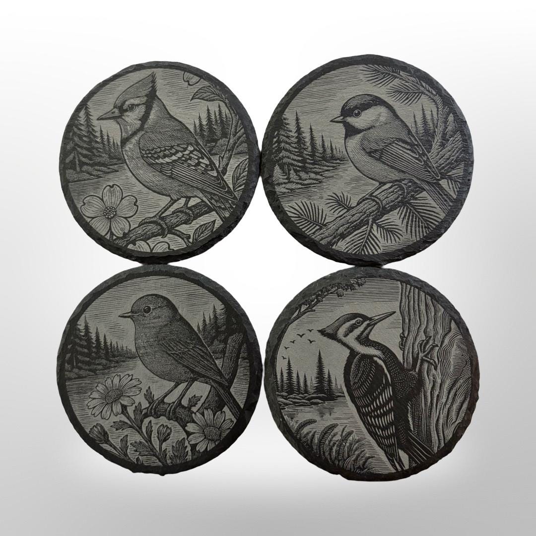 4 slate coasters included in a set with each one with a different bird engraved onto it. Different birds include bluejay, robin, songbird, and piliated woodpecker