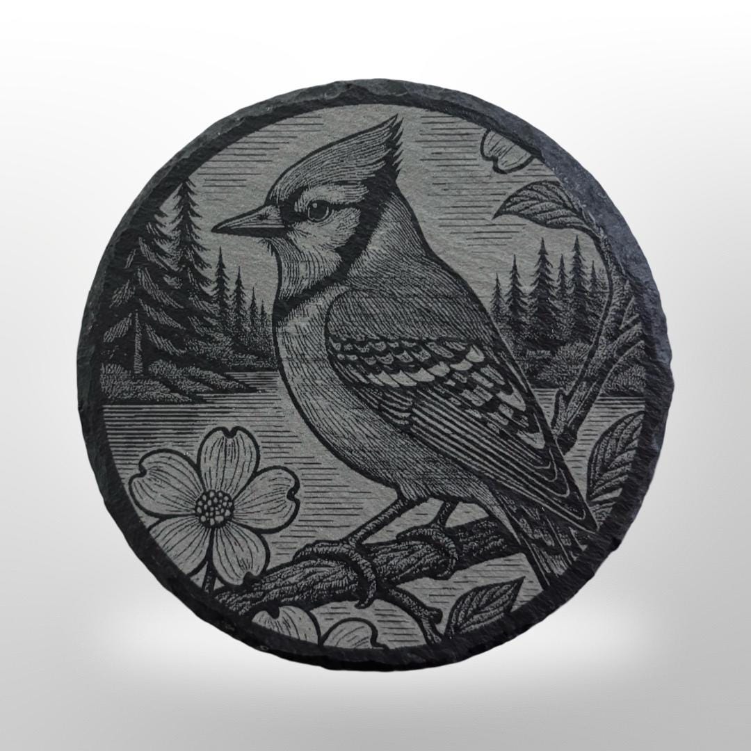 Round Slate coaster with a bluejay engraved onto it
