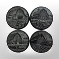 Set of 4 slate coasters that have farmhouse, trucks, and tractor designs on them