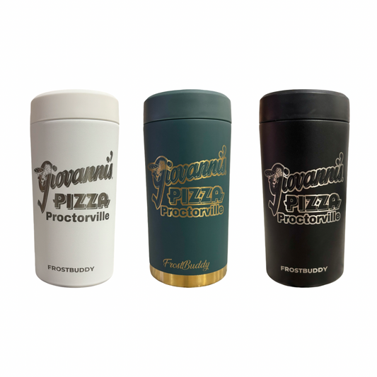 3  frostbuddy insulated can coolers that sport a custom logo from giovanni's pizza