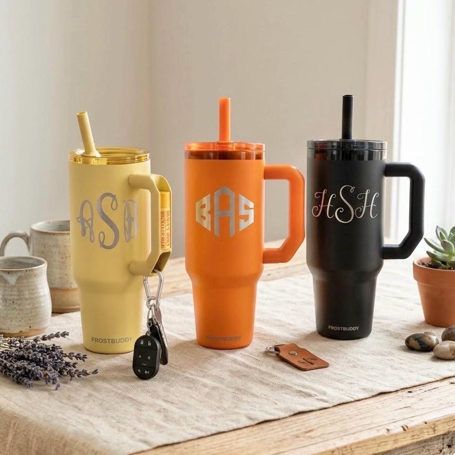 Frostbuddy Thicc Buddy 40oz with custom personalized monograms engraved into them