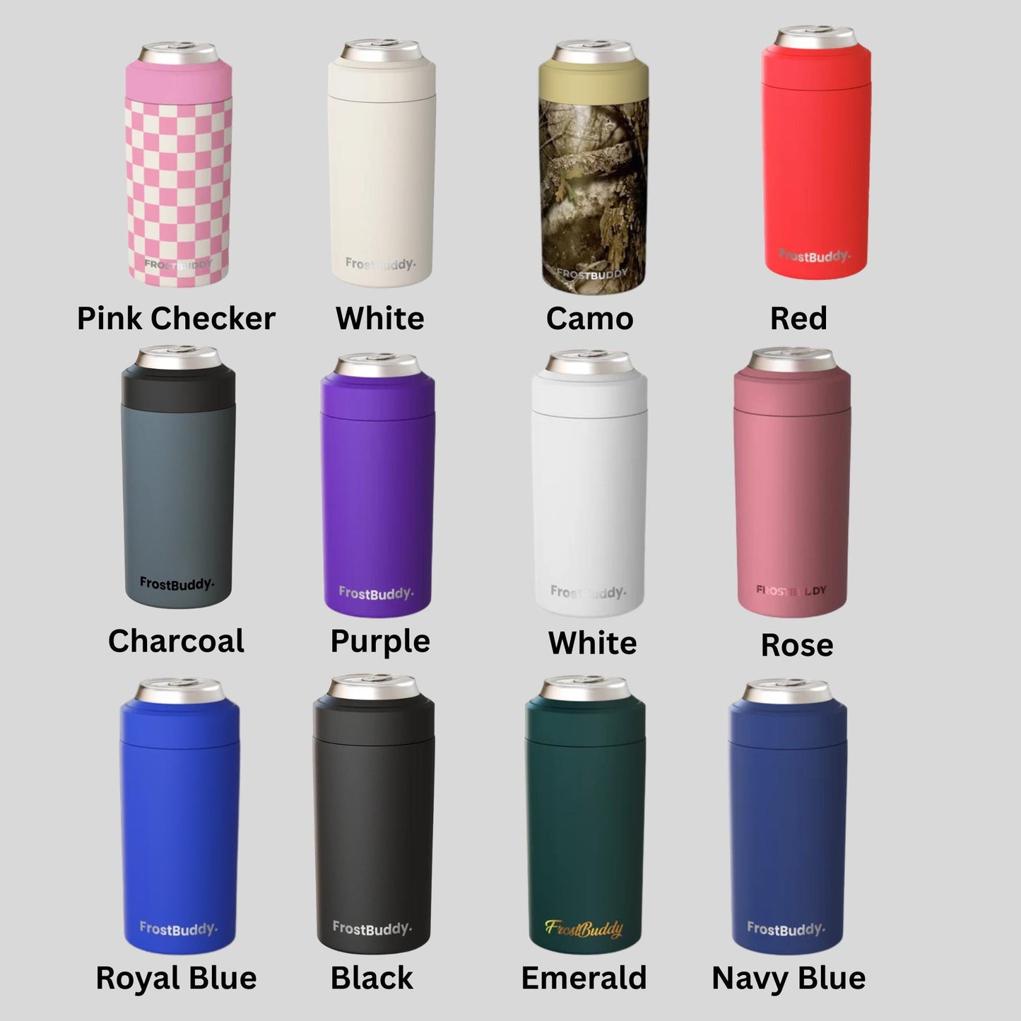 Collection of insulated can coolers in various colors with labels on a gray background