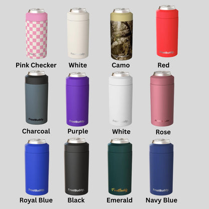 Collection of insulated can coolers in various colors with labels on a gray background