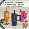 3 kids cup with leak proof flip straw that has their personalized names and designs engraved onto the cup