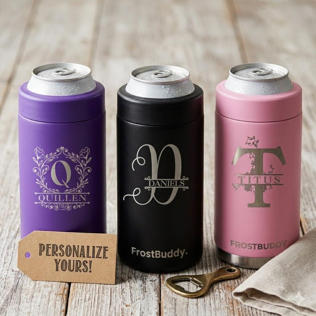 Frostbuddy Universal Insulated Can Cooler with Different monogram designs to choose from