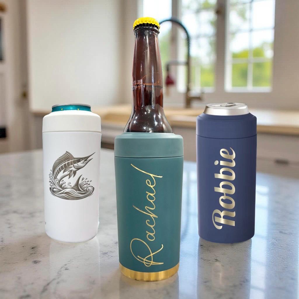 3 frostbuddy universal can coolers that display a personalized name engraving on them. 