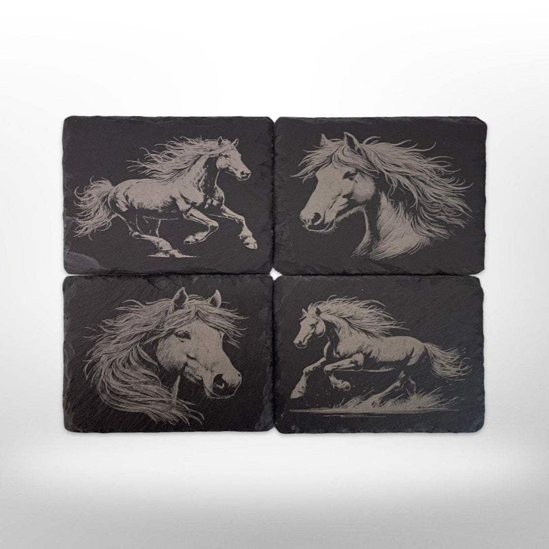 Slate coasters with 4 different horse designs engraved onto them