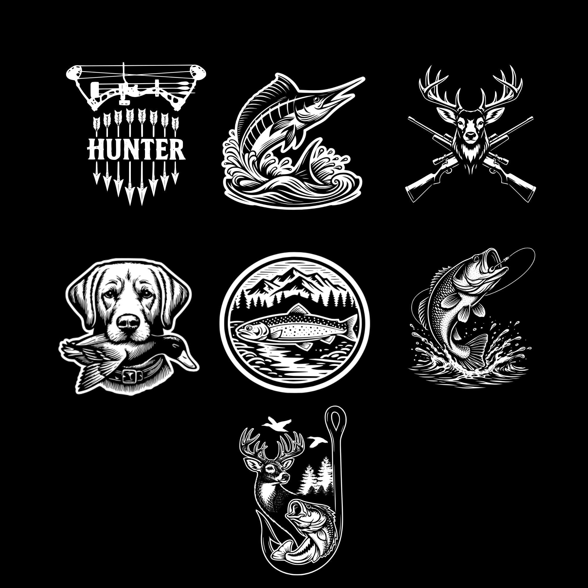 Different designs that you can have engraved onto a nicotine pouch tin that include marlin, duck dog, deer, Bass fish, trout fish, and a deer bird fish design, bow hunter