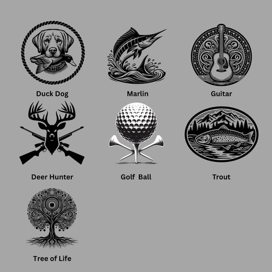 Set of black and white illustrations on a gray background, including a duck dog, marlin, guitar, deer hunter, golf ball, trout, and tree of life.