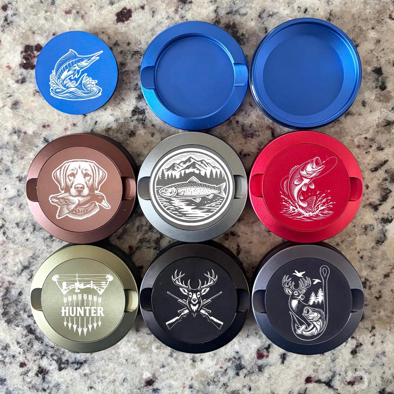 Collection of different Nicotine Pouch Tims with hunting images engraved onto them