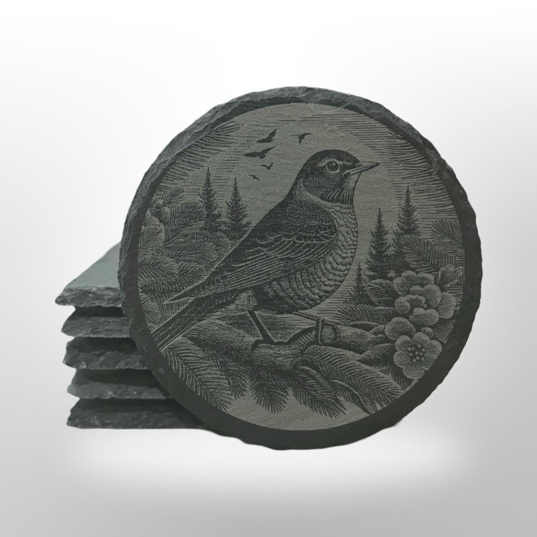 Slate Coaster witha robin bird design engraved onto it