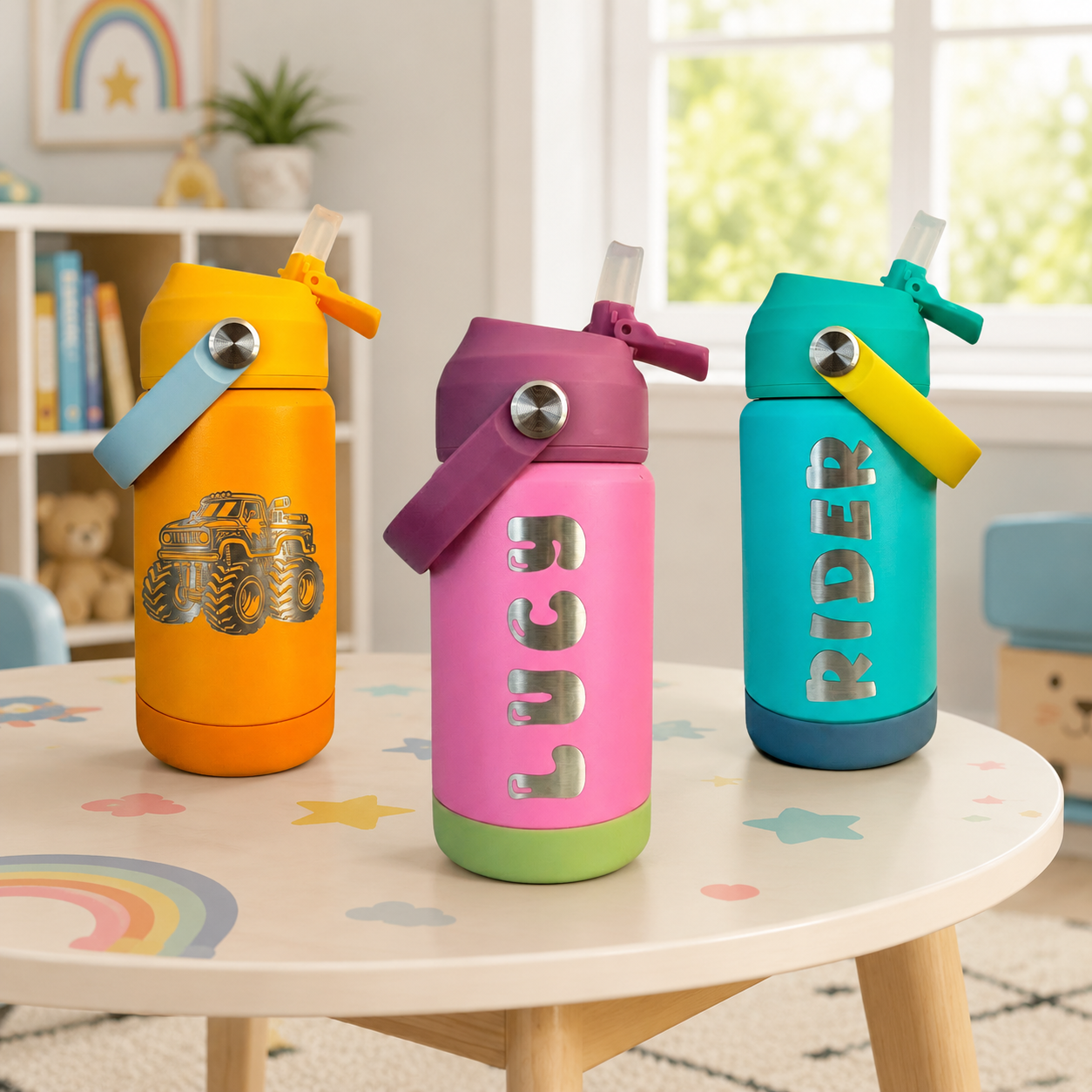 3 kid water bottles with their name permanately engraved onto them