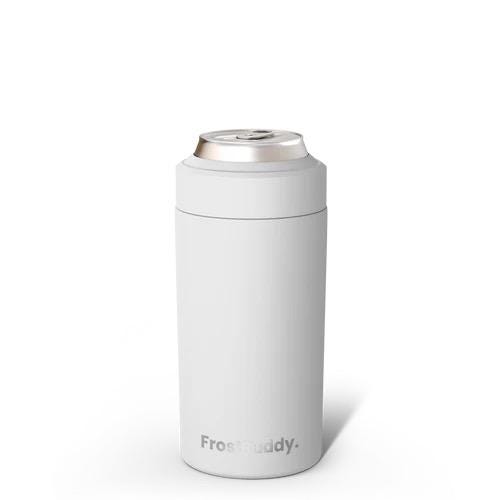 White can cooler with silver lid on a white background